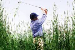 Golfer swinging in the rough.